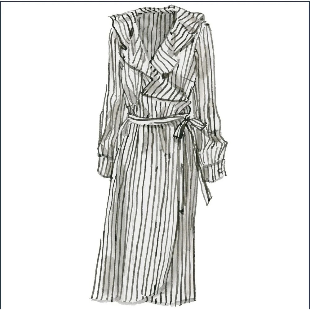 J Peterman Toot's Shore Cotton Poplin Black White Striped Wrap midi Dress 16
